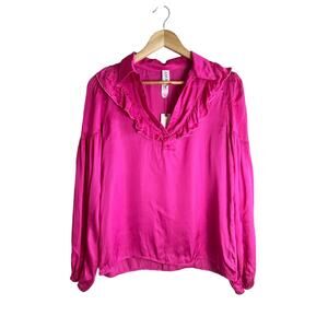 NWT Anthropologie Amadi Women's Hot Pink Lara Ruffled Blouse Satin Size XS